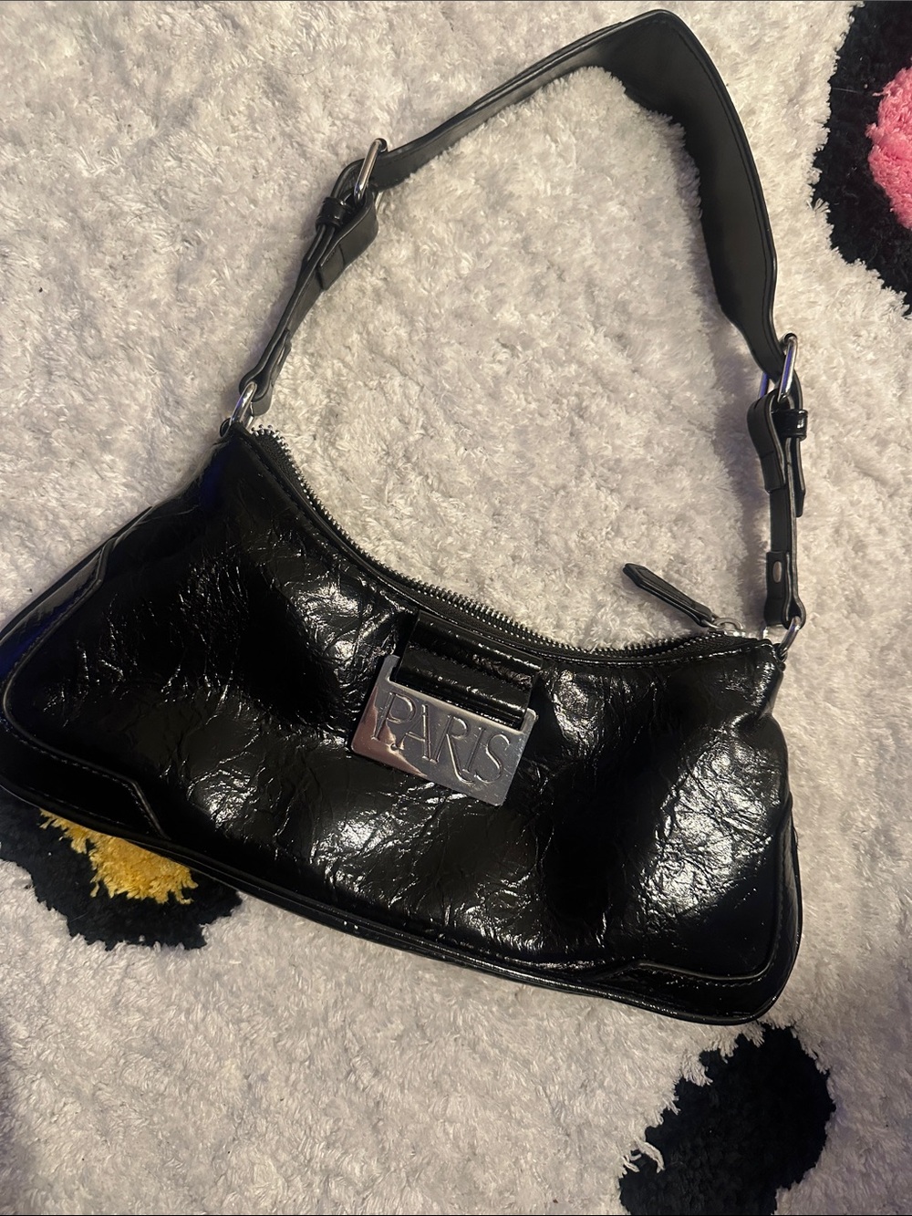 Paris Hilton Black Patent Shoulder Bag with PARIS Metal Plaque